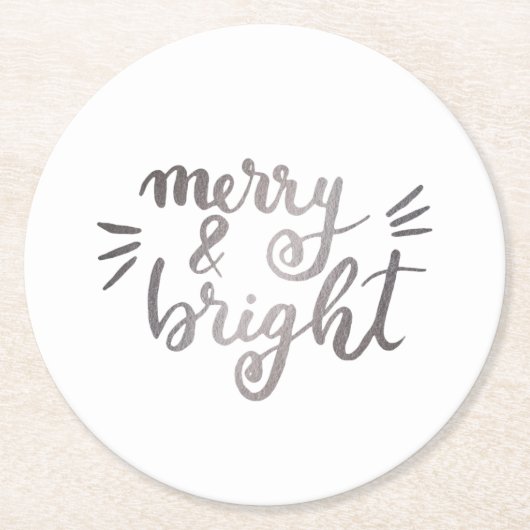 Merry en bright - zilver ronde kartonnen onderzetter (Voorkant)