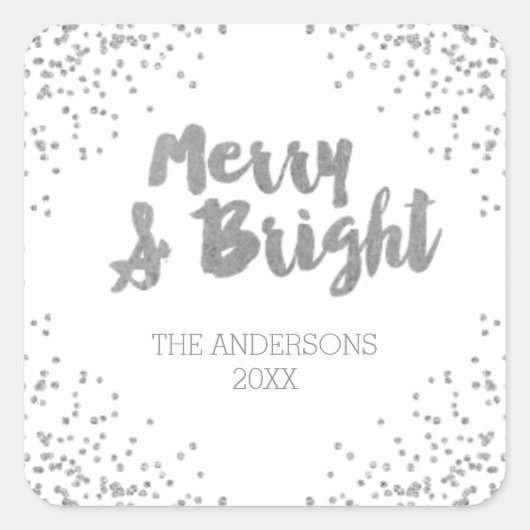 Merry en Bright zilverglitter Kerst stickers (Voorkant)