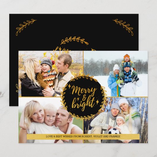 Merry en BrightStor 4 Photo Collage Black en Gold Feestdagenkaart (Voorkant / Achterkant)