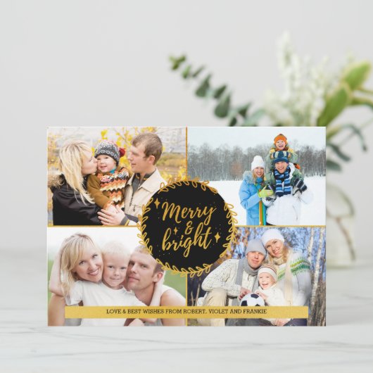 Merry en BrightStor 4 Photo Collage Black en Gold Feestdagenkaart (Staand voorkant)