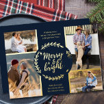 Merry en BrightStor 4 Photo Collage Blue en Gold Folie Feestdagenkaart<br><div class="desc">Pas deze luxe goudfolie kerstkaart aan met vier van uw favoriete foto's. De sjabloon is opstelling klaar voor u om uw vier foto's toe te voegen en, heeft het ook twee secties voor uw groeten en uw namen. Het midden van de kaart heeft een rustige winter met de vermelding "Merry...</div>