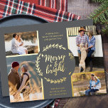Merry en BrightStor 4 Photo Collage Grey and Gold Folie Feestdagenkaart<br><div class="desc">Pas deze luxe goudfolie kerstkaart aan met vier van uw favoriete foto's. De sjabloon is opstelling klaar voor u om uw vier foto's toe te voegen en, heeft het ook twee secties voor uw groeten en uw namen. Het midden van de kaart heeft een rustige winter met de vermelding "Merry...</div>