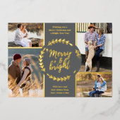 Merry en BrightStor 4 Photo Collage Grey and Gold Folie Feestdagenkaart (Voorkant)