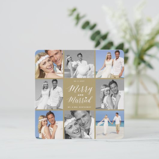 Merry en gehuwd 8 Foto Collage Modern Wedding Feestdagenkaart (Staand voorkant)