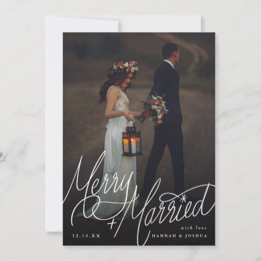 Merry en getrouwd hand-lettering foto feestdagenkaart (Voorkant)