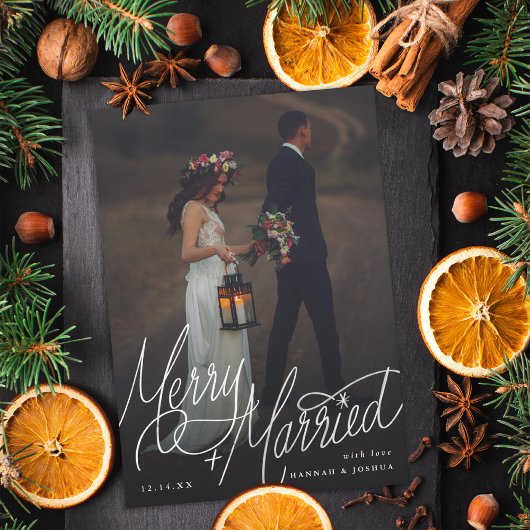 Merry en getrouwd hand-lettering foto feestdagenkaart