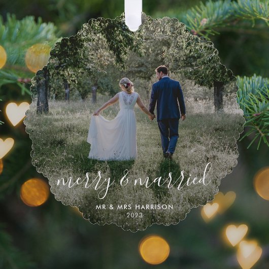 Merry en getrouwd | Kerstfoto Newleyweds Ornament Kaart