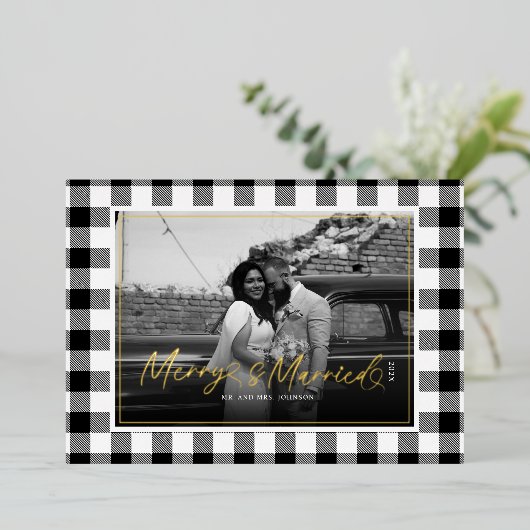 Merry en getrouwde Pas getrouwd Plaid Christmas Folie Feestdagenkaart (Staand Voorkant)