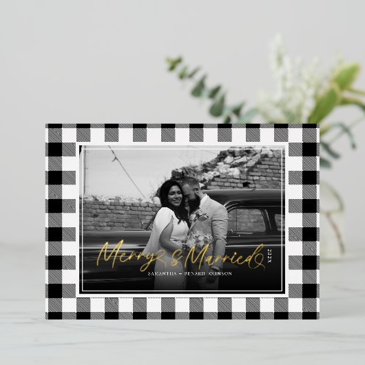 Merry en getrouwde Pas getrouwd Plaid Christmas Folie Feestdagenkaart (Staand Voorkant)