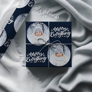 Merry Everything Calligrafie Ronde Foto Blauw Cadeaupapier