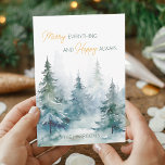 Merry Everything Happy Always Winter Bomen Plat Feestdagenkaart<br><div class="desc">Waterverf winterbomen in tinten groen gecombineerd met script en moderne typografie kerstkaart.</div>