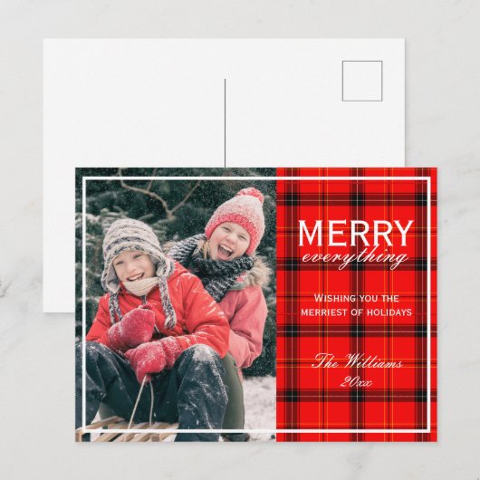 Merry Everything Red Plaid Familiefoto Kerst Feestdagenkaart (Voorkant / Achterkant)