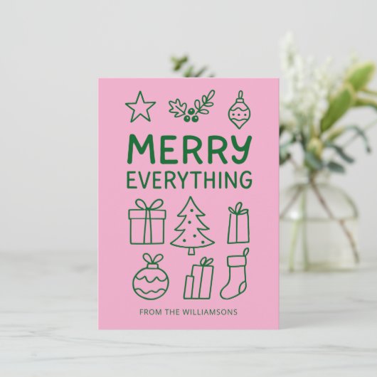 Merry Everything Roze Groen Doodle Schets Voeg Naa Feestdagenkaart (Staand voorkant)