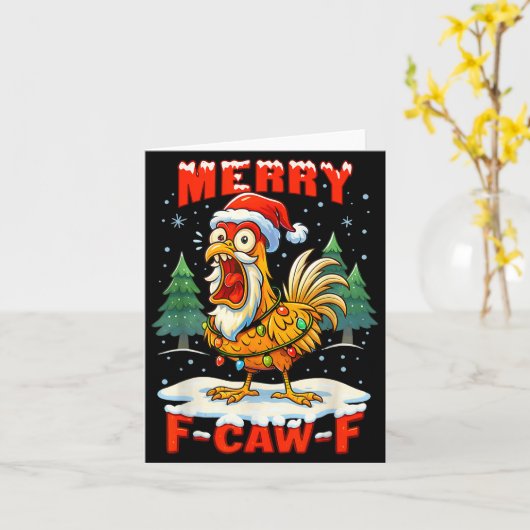 Merry F-caw-f Chicken Christmas Funny Rooster Men  Kaart (Gele Bloem)