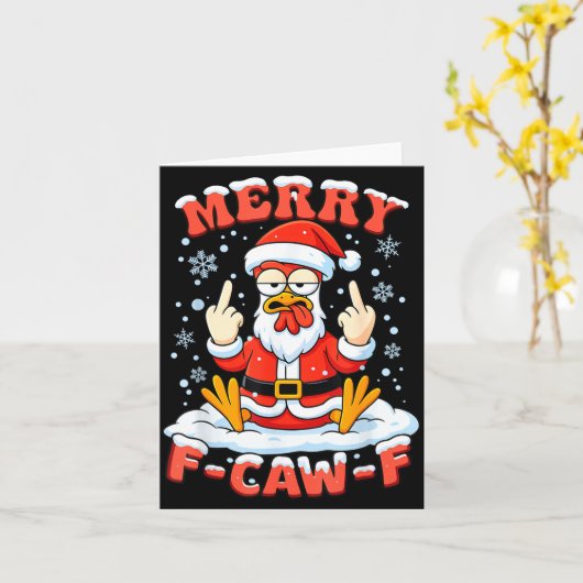 Merry F-caw-f Chicken Christmas Funny Rooster Men  Kaart (Gele Bloem)