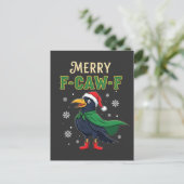Merry F-Caw-F Funny Christmas Raven Crow Santa Aankondigingskaart (Staand voorkant)
