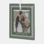 Merry Family Moderne Retro Wavy Fotoherinnering Glas Ornament (Voorkant links)