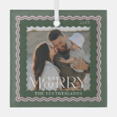 Merry Family Moderne Retro Wavy Fotoherinnering Glas Ornament (Voorkant)