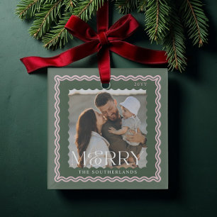 Merry Family Moderne Retro Wavy Fotoherinnering Glas Ornament