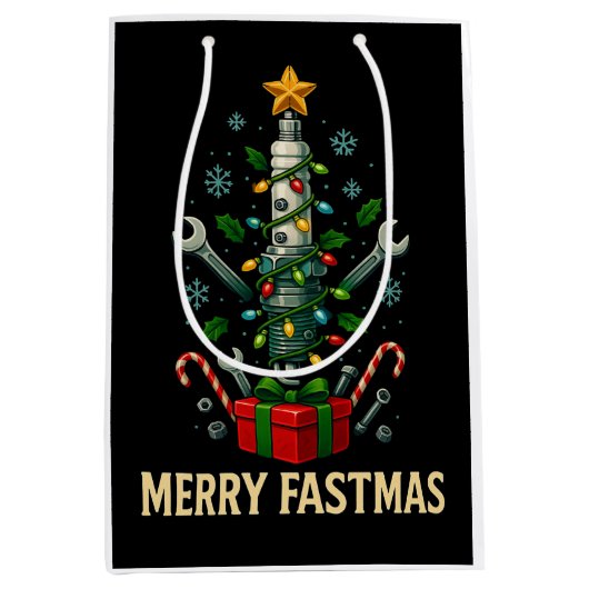 Merry Fastmas Spark Plug Christmas Tree Mechanic Medium Cadeauzakje (Voorkant)