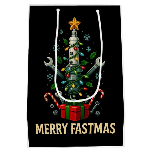 Merry Fastmas Spark Plug Christmas Tree Mechanic  Medium Cadeauzakje (Achterkant)