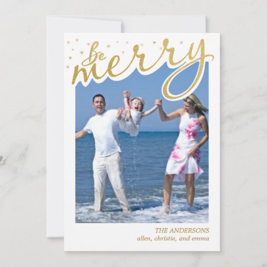 Merry Faux Gold Folie Retro Script Kerstfoto Feestdagenkaart (Voorkant)