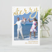 Merry Faux Gold Folie Retro Script Kerstfoto Feestdagenkaart (Staand voorkant)