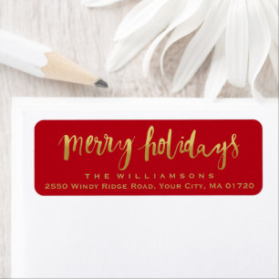 Merry Feestdagen Trendy Gold Script Custom Red Etiket