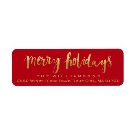 Merry Feestdagen Trendy Gold Script Custom Red Etiket