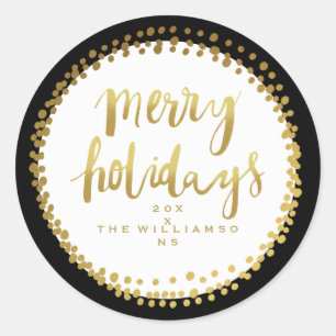 Merry Feestdagen Trendy Gold Script Custom Zwart Ronde Sticker