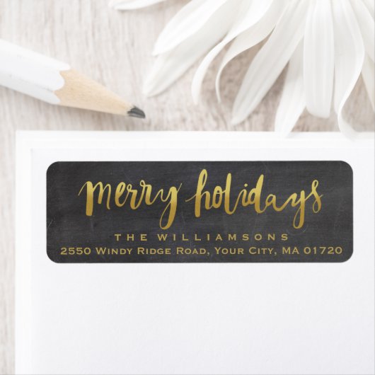 Merry Feestdagen Trendy Gouden Script Chalkboard Etiket (Insitu)