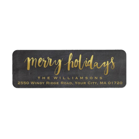 Merry Feestdagen Trendy Gouden Script Chalkboard Etiket (Voorkant)