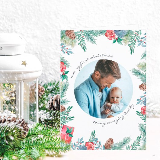 Merry First Kerstpine Cones Baby Foto Feestdagen Kaart