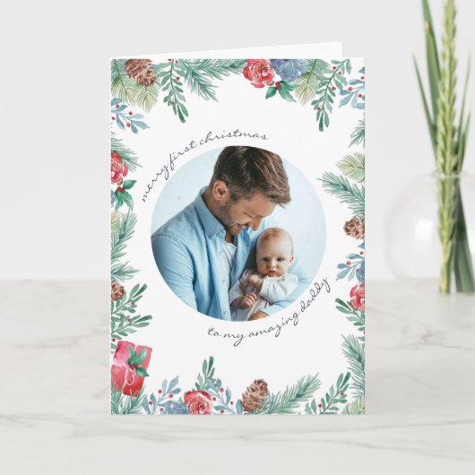 Merry First Kerstpine Cones Baby Foto Feestdagen Kaart (Voorkant)