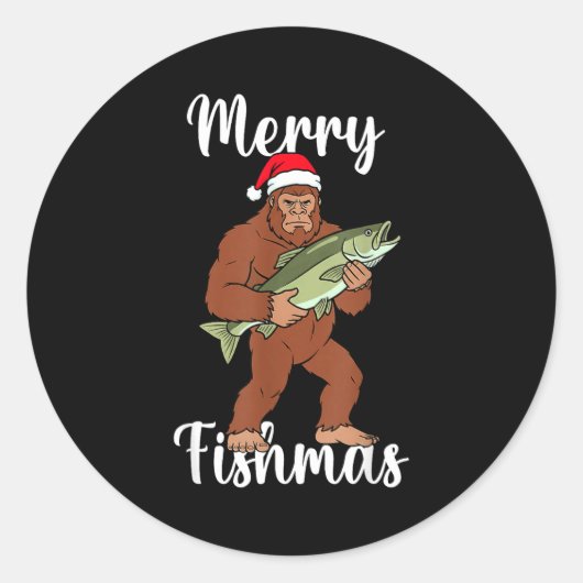 Merry Fishmas Bigfoot Fishing Funny Sasquatch Sant Ronde Sticker (Voorkant)