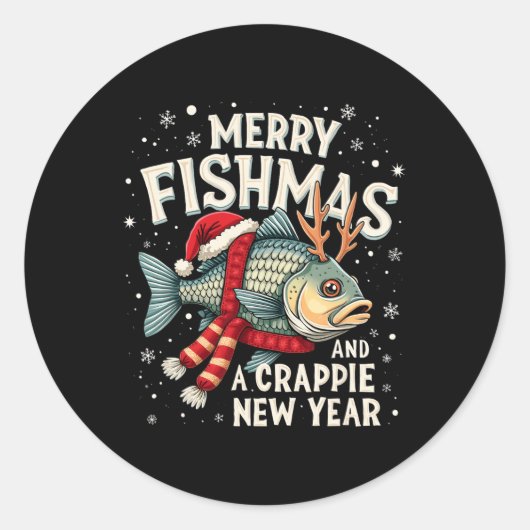 Merry Fishmas en een crappie nieuwjaar Funny Gevis Ronde Sticker (Voorkant)
