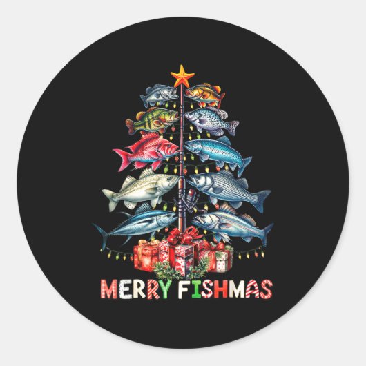 Merry Fishmas Funny Christmas Tree Lights Fishing  Ronde Sticker (Voorkant)