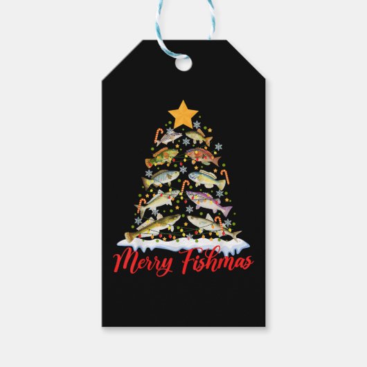 Merry Fishmas Funny Kerstmis Lights Fish Fis Cadeaulabel (Voorkant)