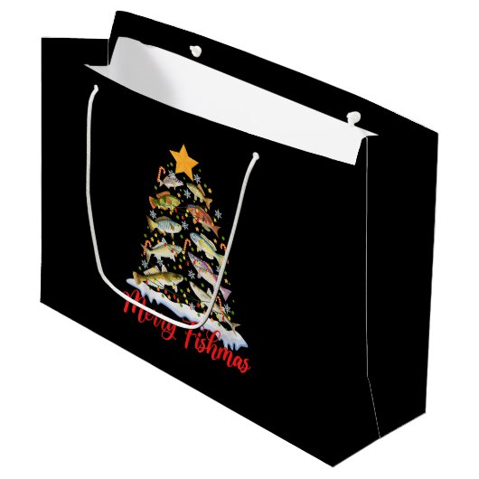 Merry Fishmas Funny Kerstmis Lights Fish Fis Groot Cadeauzakje (Voorkant Gekanteld)