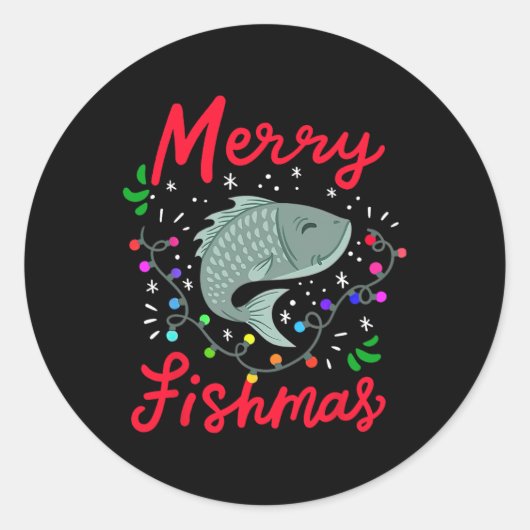 Merry Fishmas Funny Kerstmis Lights Fish Fis Ronde Sticker (Voorkant)