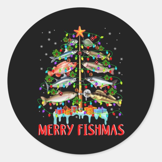 Merry Fishmas Funny Kerstmis Lights Fish Fis Ronde Sticker (Voorkant)