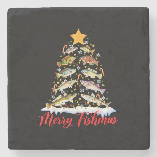 Merry Fishmas Funny Kerstmis Lights Fish Fis Stenen Onderzetter (Voorkant)