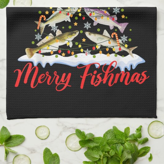 Merry Fishmas Funny Kerstmis Lights Fish Fis Theedoek (Gevouwen)