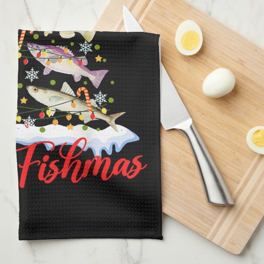 Merry Fishmas Funny Kerstmis Lights Fish Fis Theedoek (Quarter Fold)