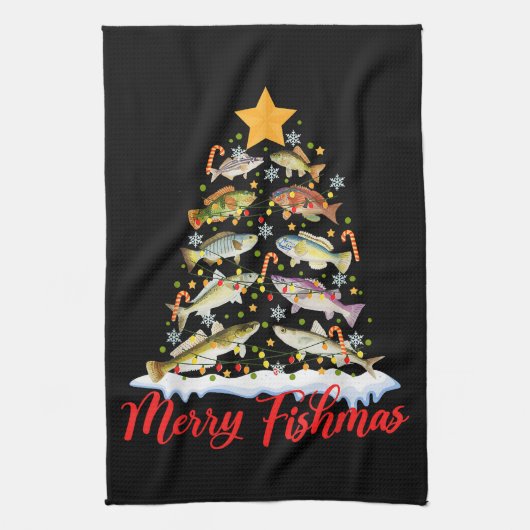 Merry Fishmas Funny Kerstmis Lights Fish Fis Theedoek (Verticaal)