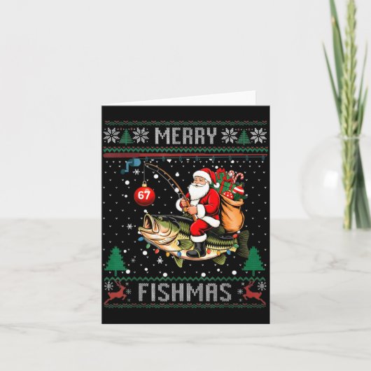 Merry Fishmas Santa Riding B Fish Christmas Ugly S Kaart (Voorkant)