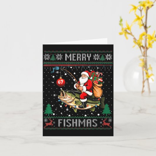 Merry Fishmas Santa Riding B Fish Christmas Ugly S Kaart (Gele Bloem)