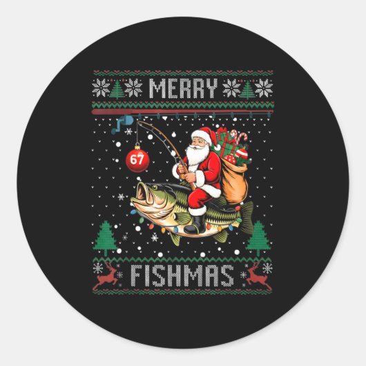 Merry Fishmas Santa Riding B Fish Christmas Ugly S Ronde Sticker (Voorkant)