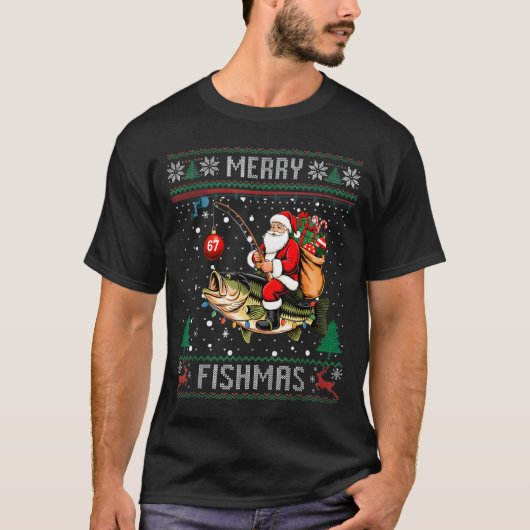 Merry Fishmas Santa Riding B Fish Christmas Ugly S T-shirt (Voorkant)
