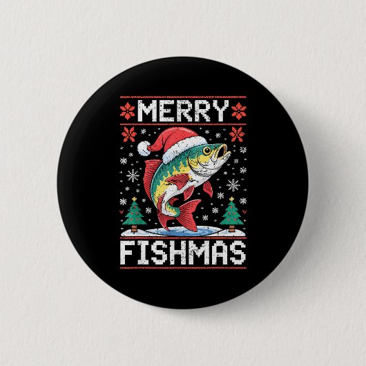 Merry Fishmas Ugly Christmas Sweater Fishing Lover Ronde Button 5,7 Cm (Voorkant)